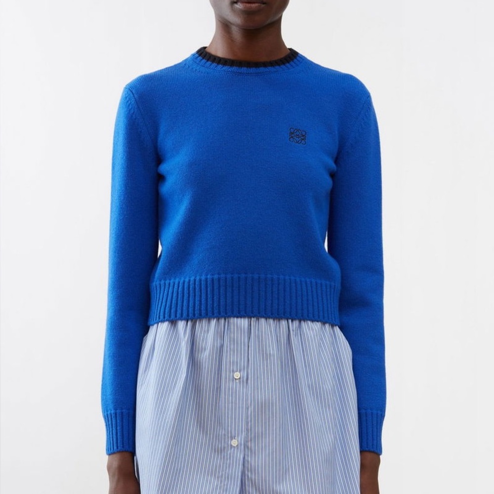Loewe Wool Crew Neck Cropped Sweater / Embroidered Logo Blue Color size Small